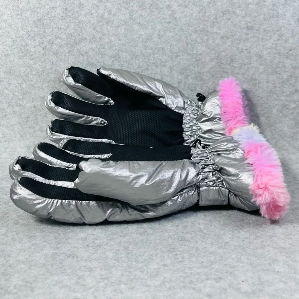 Swiss Tech Girls Rainbow Powder Muff‎ SILVER METALLIC Winter Gloves L/XL